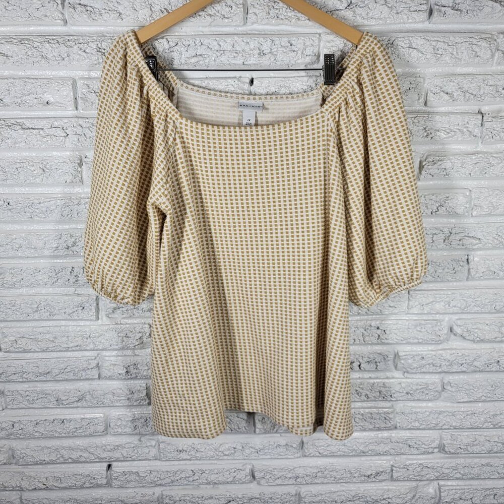 Ava & Viv 2X Plus Size Top Blouse Gold White Geometric Tiny Squares GEO37XE